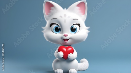 Cute smiling white kitty 3d character hold ih his paws a red heart on grey background,copy space.