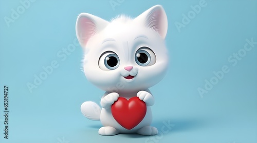 Cute white kitty 3d character hold ih his paws a red heart on blue background,copy space.