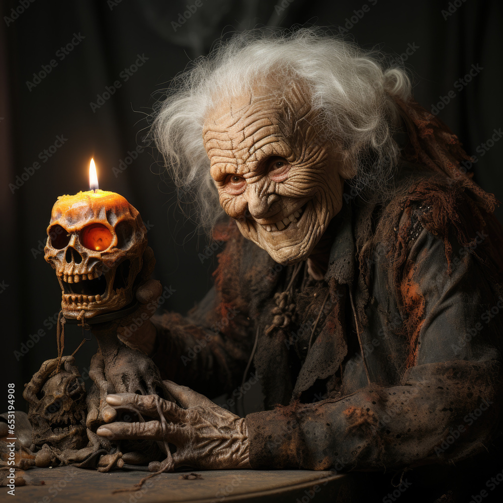 Gray-haired old woman, wrinkled witch in dark clothes holds scary skull with candle light