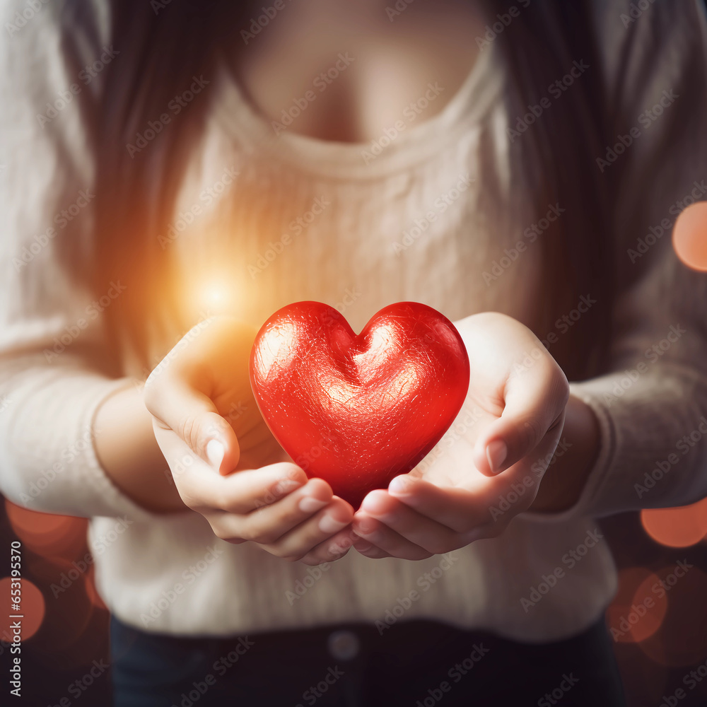 Woman hands holding red heart, Happiness moment, Health care, donate and family insurance concept, World heart day, world health day, Hope, Gratitude, Kindness, Valentine's Day. Generative AI. Woman hands holding red heart, Happiness moment, Health care, donate and family insurance concept, World heart day, world health day, Hope, Gratitude, Kindness, Valentine's Day. Generative AI.