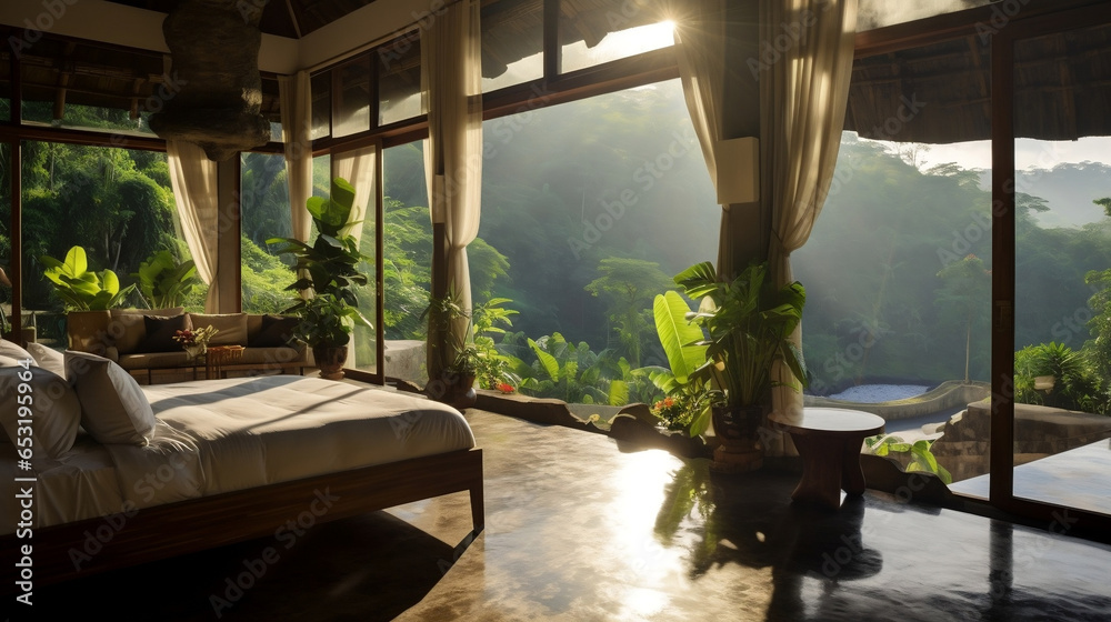 Eco-lodge house interior of bedroom with green plants and big windows in tropical forest.