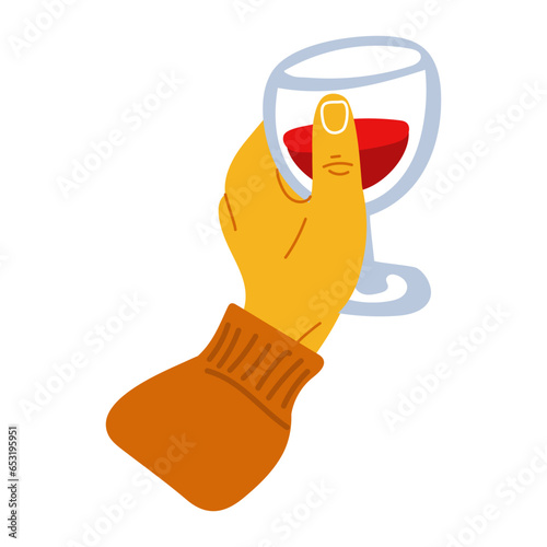 A hand holding a glass of red wine in a flat style. Bright colors of the hand with a glass. A hand with a glass in a sweater. Festive meeting with wine, drinking, clinking glasses. Isolated on a white