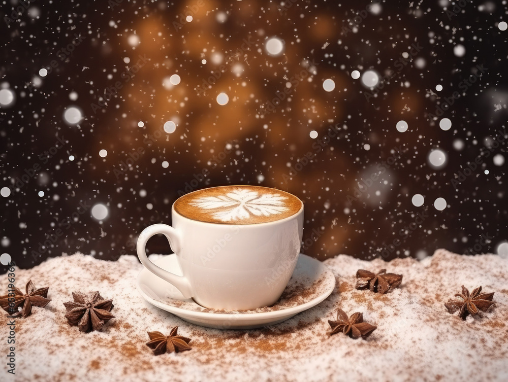 A large cup of cappuccino with latte art on snow sprinkled with cinnamon and anise. Winter hot coffee drinks banner concept. A large cup of cappuccino with latte art on snow sprinkled with cinnamon and anise. Winter hot coffee drinks banner concept.
