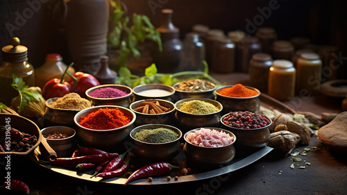 Indian spices on a rustic village wooden