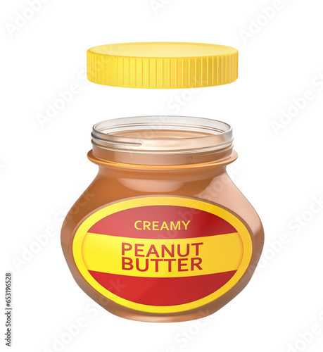 Glass jar with peanut butter on transparent background