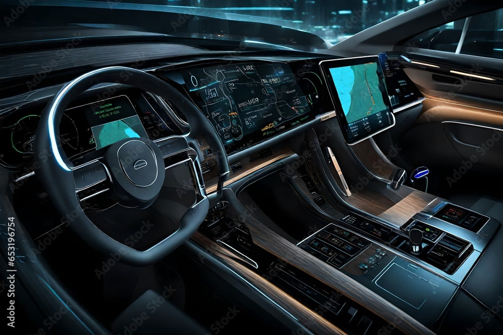 A high-tech car dashboard displaying real-time data and navigation.