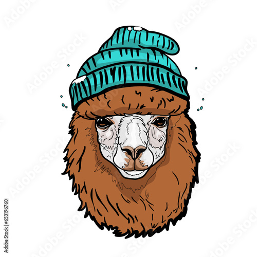 Llama in a hat. Winter illustration of a cute animal. For printing on print, label, logo, icon