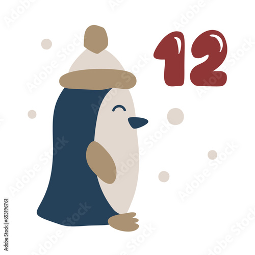 Christmas advent calendar with hand drawn penguin. Day twelve 12. Scandinavian style poster. Cute winter illustration for card, poster, kid room decor, nursery art