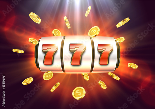Slot machine with golden coins. Lucky seven on slot machine. Vector illustration.