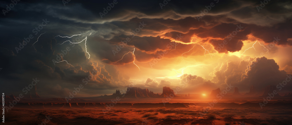 Classic southwest desert landscape with storm clouds and lightning - obrazy, fototapety, plakaty 