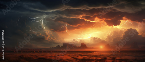Classic southwest desert landscape with storm clouds and lightning