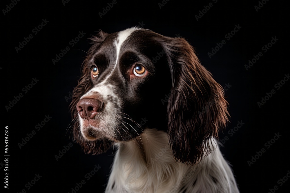 Photography in the style of pensive portraiture of a cute english springer spaniel wearing a puffer jacket against a matte black background. With generative AI technology