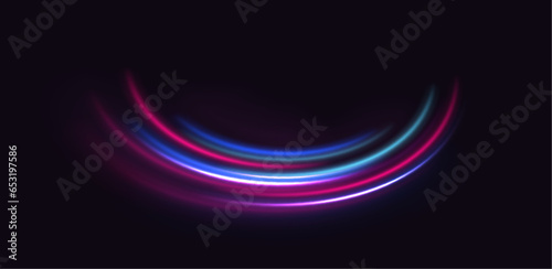Elegant bright neon linear wave. Abstract light lines of movement and speed with blue color and sparkles. Big data traffic visualization, dynamic high speed data streaming traffic. 