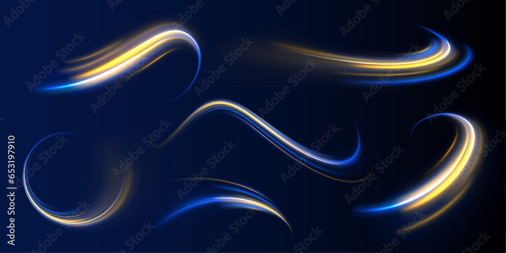 Speed effect motion 3d neon light trails made with ultra violet and blue laser light. Semicircular wave, light trail curve swirl, incandescent optical fiber png vector.	 - obrazy, fototapety, plakaty 