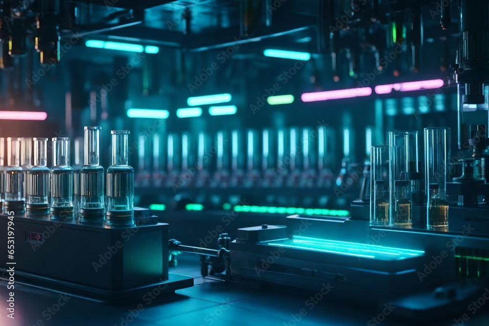 A sci-fi-inspired laboratory filled with glowing vials and experimental equipment. A sci-fi-inspired laboratory filled with glowing vials and experimental equipment.