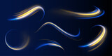 Speed effect motion 3d neon light trails made with ultra violet and blue laser light. Semicircular wave, light trail curve swirl, incandescent optical fiber png vector. 