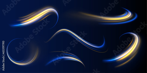 Speed effect motion 3d neon light trails made with ultra violet and blue laser light. Semicircular wave, light trail curve swirl, incandescent optical fiber png vector.	