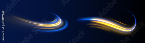 Violet neon color wave. Blue glowing shiny lines effect vector background. Acceleration speed motion on night road. Light and stripes moving fast over dark background.	
