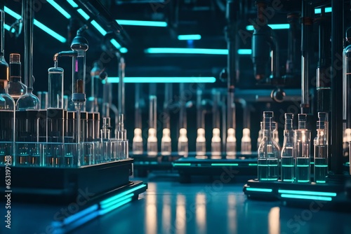 A sci-fi-inspired laboratory filled with glowing vials and experimental equipment. © AQ Arts