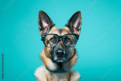 Medium shot portrait photography of a funny german shepherd wearing a hipster glasses against a teal blue background. With generative AI technology © Markus Schröder