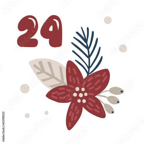 Christmas advent calendar with hand drawn flower mistletoe Poinsettia. Day twenty four 24. Scandinavian style poster. Cute winter illustration for card, poster, kid room decor, nursery art photo