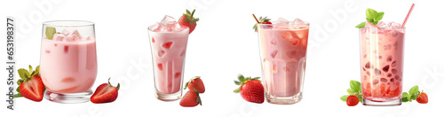 Strawberry milk. Sweet and refreshing. Collection. Isolated on transparent background.