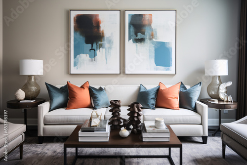 Transitional interior design for a modern living room featuring an elegant sofa, artwork, table, and stylish decor