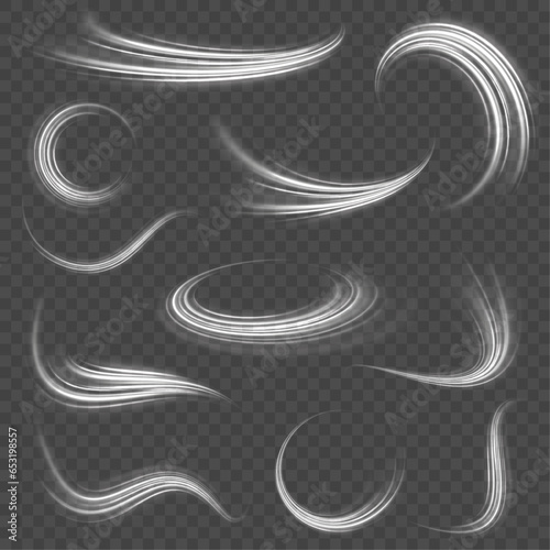 Light trail wave, fire path trace line and incandescence curve twirl. White shiny sparks of spiral wave. Imitation of the exit of cold air from the air conditioner. 