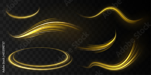 Shine magic gold swirl with flare sparkles. Curved yellow line light. Long exposure light painting photography, curvy lines of vibrant neon metallic yellow gold against a black background.	