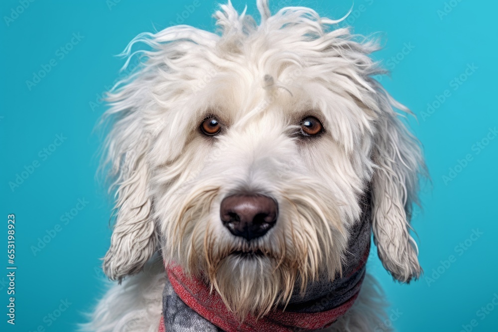Headshot portrait photography of a funny komondor dog wearing a cooling bandana against a teal blue background. With generative AI technology