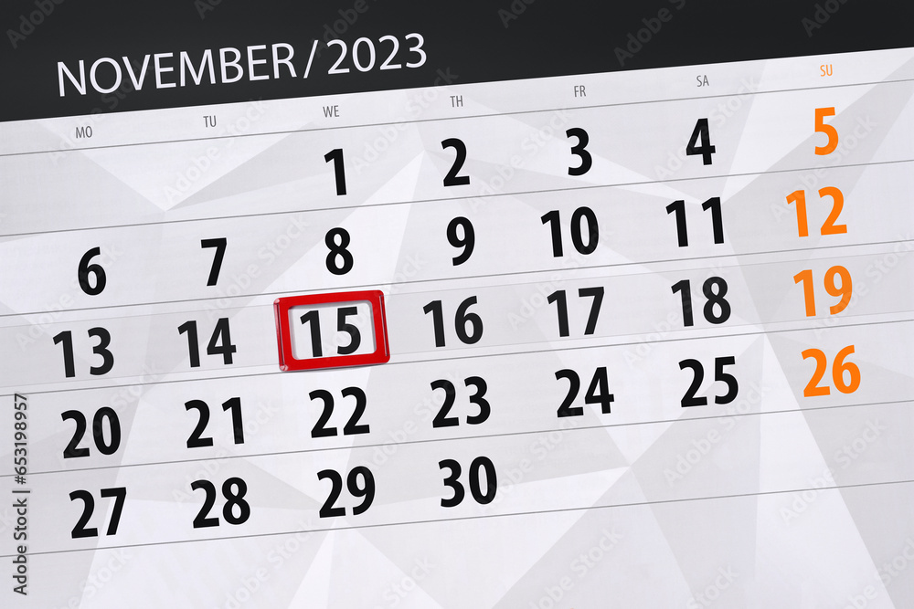 Calendar 2023, deadline, day, month, page, organizer, date, November, wednesday, number 15 Calendar 2023, deadline, day, month, page, organizer, date, November, wednesday, number 15