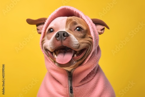 Close-up portrait photography of a happy staffordshire bull terrier wearing a fluffy hoodie against a pastel yellow background. With generative AI technology