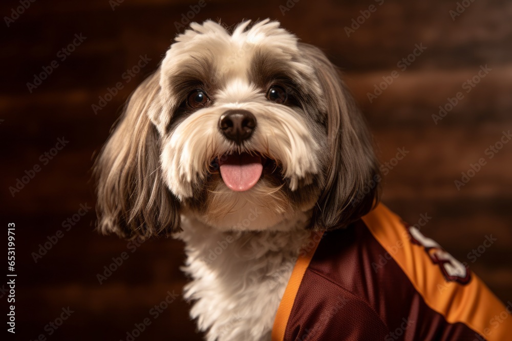 Medium shot portrait photography of a smiling havanese dog wearing a sports jersey against a rustic brown background. With generative AI technology Medium shot portrait photography of a smiling havanese dog wearing a sports jersey against a rustic brown background. With generative AI technology