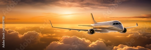 Luxury private jet flying above the clouds, beautiful sunset on background. Travel and airplane concept. Generative AI