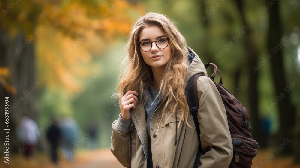 Portrait of a student girl with a backpack and glasses in the park in autumn season Portrait of a student girl with a backpack and glasses in the park in autumn season