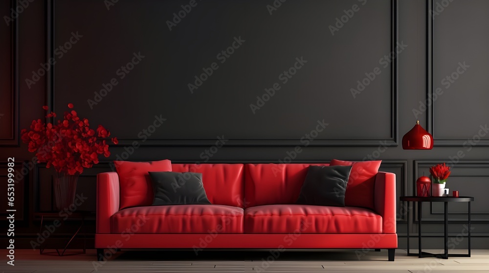 A red colored luxury sofa in a black walls living room with decor mock up. - obrazy, fototapety, plakaty 