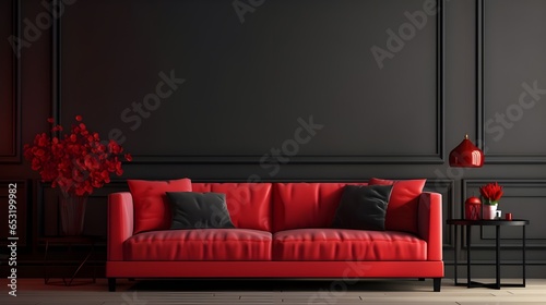 A red colored luxury sofa in a black walls living room with decor mock up. photo