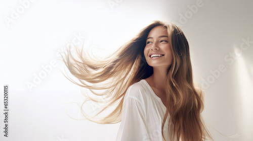 Beautiful Dark Blonde Woman with Wind-Blown Golden Locks for Cosmetics photo