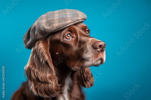 Photography in the style of pensive portraiture of a cute cocker spaniel wearing a cool cap against a soft blue background. With generative AI technology