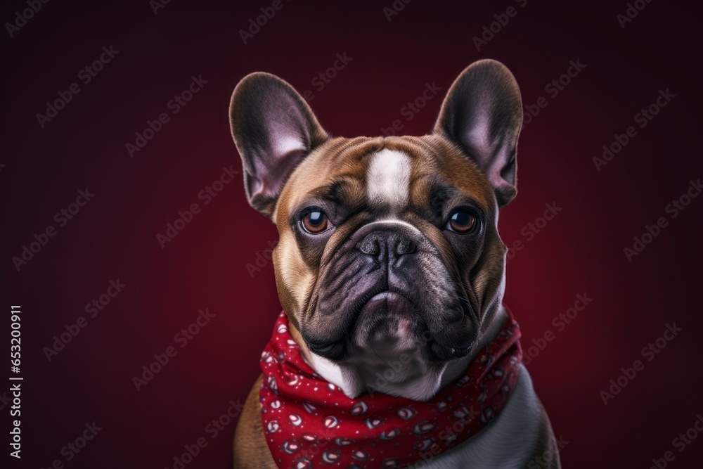 Close-up portrait photography of a funny french bulldog wearing a bandana against a rich maroon background. With generative AI technology