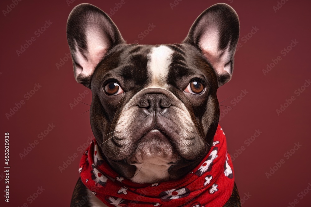 Close-up portrait photography of a funny french bulldog wearing a bandana against a rich maroon background. With generative AI technology