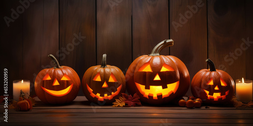 Row of jack-o-lantern pumpkins and candles on wooden table with wooden backdrop. Halloween background. Generative AI