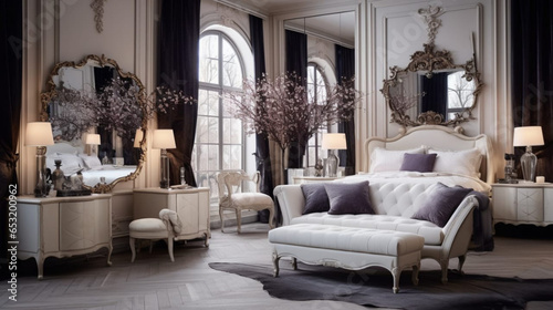 Modern luxury white bedroom furniture, sofa, mirror and lamp, flowers 