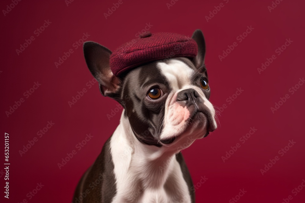 Lifestyle portrait photography of a happy boston terrier wearing a beret against a rich maroon background. With generative AI technology
