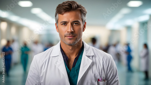 A strikingly handsome man, confidently adorned in a pristine white medical coat, stands before a softly blurred hospital setting, epitomizing expertise and car