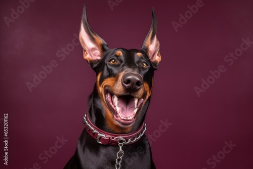 Medium shot portrait photography of a happy doberman pinscher wearing a spiked collar against a rich maroon background. With generative AI technology