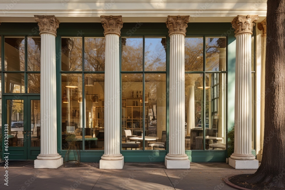 office exterior with antique columns and large glass windows