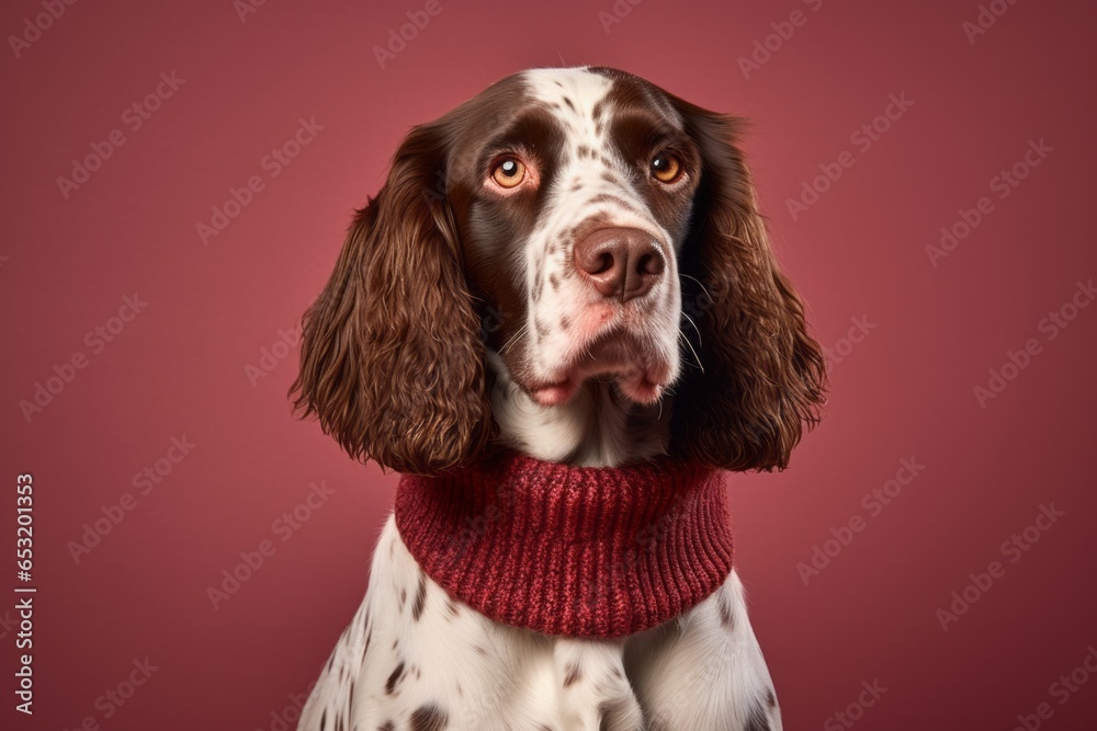 Medium shot portrait photography of a funny english springer spaniel wearing a cashmere sweater against a rich maroon background. With generative AI technology