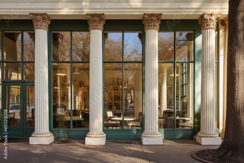 office exterior with antique columns and large glass windows