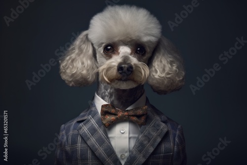 Medium shot portrait photography of a funny poodle wearing a dapper suit against a dark grey background. With generative AI technology © Markus Schröder
